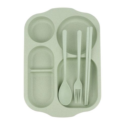  KODORIA Food Serving Plate Divided Dinner Tray Lunch Container 5 Section with Chopsticks Spoon Fork Cutlery Tableware Set - Green