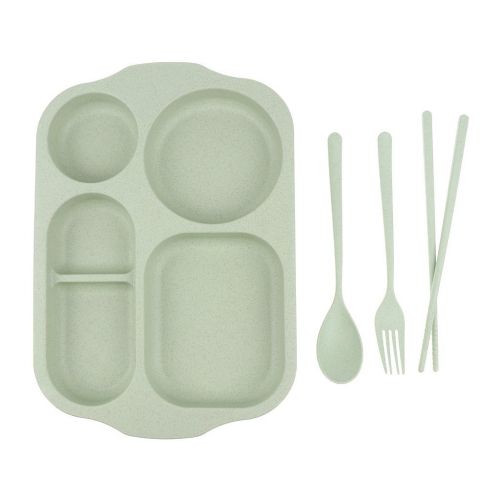  KODORIA Food Serving Plate Divided Dinner Tray Lunch Container 5 Section with Chopsticks Spoon Fork Cutlery Tableware Set - Green