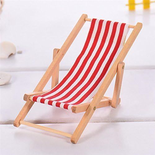  KODORIA 3pcs 1:12 Miniature Foldable Wooden Beach Chair Mini Deck Chair Longue Deck Chair Mini Furniture Accessories with Red/ Blue Stripe for Indoor Outdoor