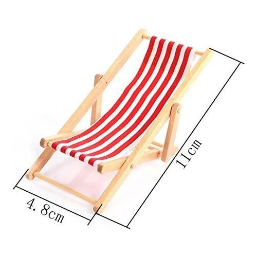 KODORIA 3pcs 1:12 Miniature Foldable Wooden Beach Chair Mini Deck Chair Longue Deck Chair Mini Furniture Accessories with Red/ Blue Stripe for Indoor Outdoor