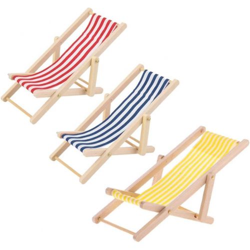  KODORIA 3pcs 1:12 Miniature Foldable Wooden Beach Chair Mini Deck Chair Longue Deck Chair Mini Furniture Accessories with Red/ Blue Stripe for Indoor Outdoor