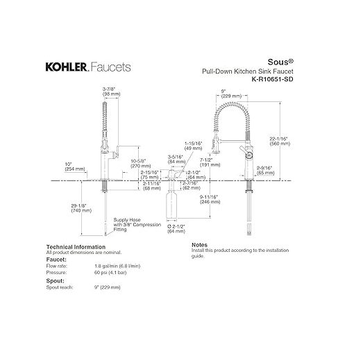 Kohler K-R10651-SD-VS Sous Kitchen Sink Faucet, Vibrant Stainless