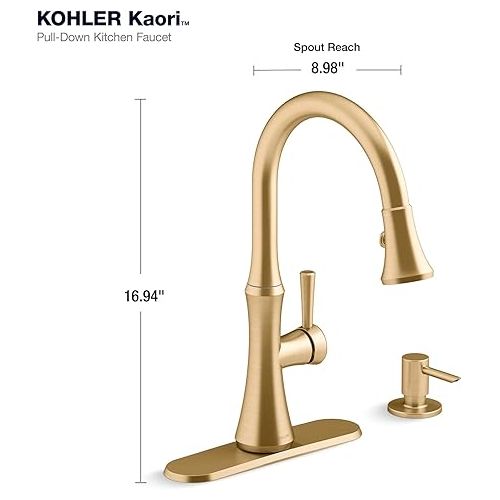  Kohler R28706-SD-2MB Kaori Single Handle Kitchen Faucet with Pull Down Sprayer and Soap Dispenser, Vibrant Brushed Moderne Brass