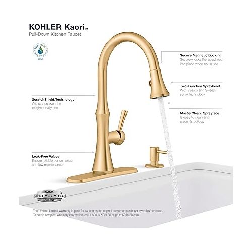  Kohler R28706-SD-2MB Kaori Single Handle Kitchen Faucet with Pull Down Sprayer and Soap Dispenser, Vibrant Brushed Moderne Brass