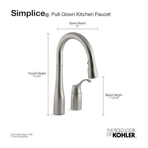  KOHLER 649-VS Simplice Pull-Down Bar Sink Faucet, Prep Sink Faucet, Kitchen Sink Faucet with Pull Down Sprayer, Vibrant Stainless