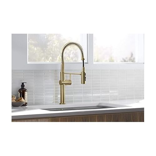  KOHLER 22973-2MB Crue High-Arc Kitchen Faucet with Pull Down Spring Spout, Professional Pre-Rinse Kitchen Faucet, Commercial Faucet, Vibrant Brushed Moderne Brass
