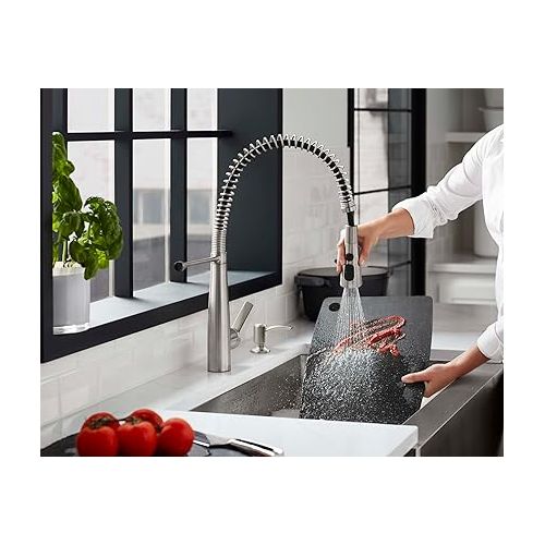  KOHLER K-R22745-SD-VS Semi-Professional Kitchen Faucet with Soap Dispenser/Lotion Dispenser, Commercial Kitchen Sink Faucet with Pull-Down Sprayhead, Vibrant Stainless