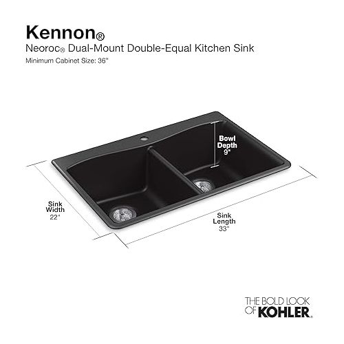  KOHLER 8185-1-CM1 K-8185-1-CM1 Kennon 33 in. x 22 in. x 9-5/8 in. Neoroc top Mount Double-Equal Kitchen Sink, Matte Black