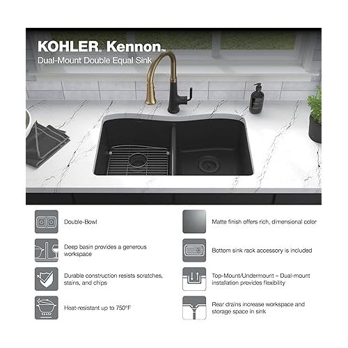  KOHLER 8185-1-CM1 K-8185-1-CM1 Kennon 33 in. x 22 in. x 9-5/8 in. Neoroc top Mount Double-Equal Kitchen Sink, Matte Black