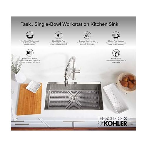  KOHLER Task Kitchen Sink, Stainless Steel Dual Mount Single Bowl, 33