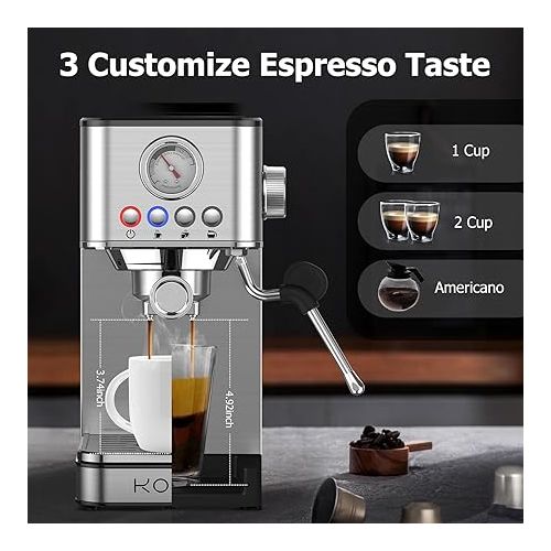  KOIOS Espresso Machines, Upgraded 1200W Espresso Maker with Foaming Steam Wand, 20 Bar Semi-Automatic Steam Espresso Coffee Maker for home, 58oz removable Water Tank, PID Control System