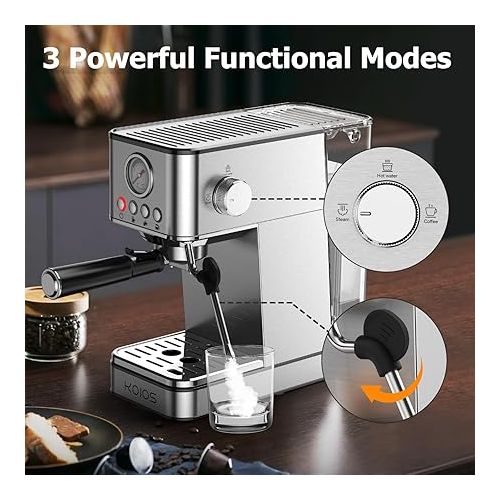  KOIOS Espresso Machines, Upgraded 1200W Espresso Maker with Foaming Steam Wand, 20 Bar Semi-Automatic Steam Espresso Coffee Maker for home, 58oz removable Water Tank, PID Control System