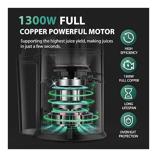  1300W KOIOS Centrifugal Juicer Machines, Juice Extractor with Extra Large 3inch Feed Chute, Full Copper Motor, Titanium-Plated Filter, High Juice Yield, 3 Speeds Mode,Easy to Clean with Brush,BPA-Free