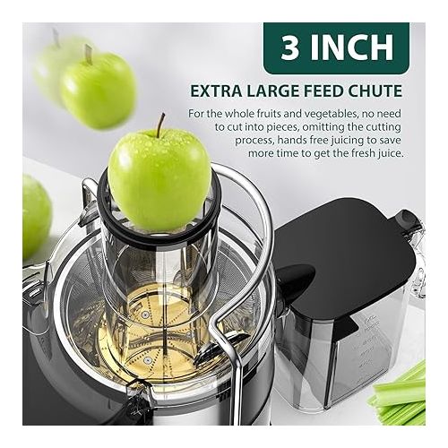  1300W KOIOS Centrifugal Juicer Machines, Juice Extractor with Extra Large 3inch Feed Chute, Full Copper Motor, Titanium-Plated Filter, High Juice Yield, 3 Speeds Mode,Easy to Clean with Brush,BPA-Free