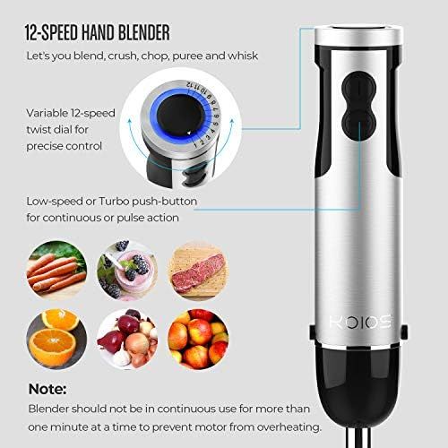  [아마존베스트]KOIOS Powerful 800W 4-in-1 Hand Immersion Blender 12 Speeds, Includes 304 Stainless Steel Stick Blender, 600ml Mixing Beaker, 500ml Food Processor, and Whisk Attachment, Multi-Purp