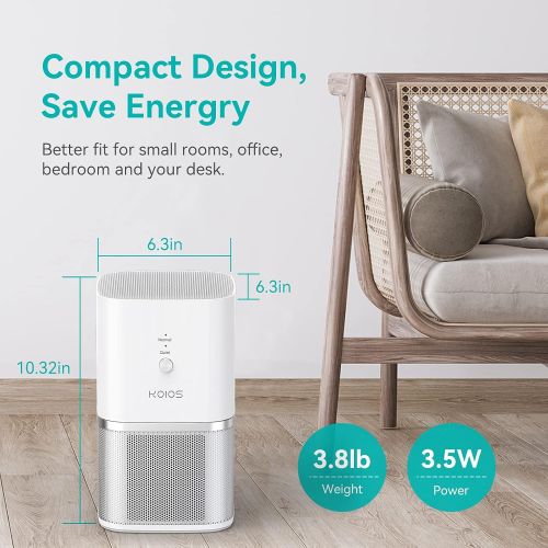 KOIOS Air Purifier, Small Air Purifiers with True HEPA Filter, Air Cleaner Bedroom Home Office, Remove Wildfire Smoke Dust Pollen Pet Dander, Protable Odor Eliminator, 219ft², No O