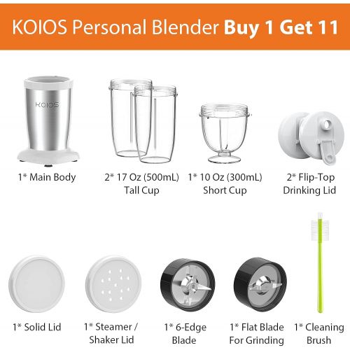  KOIOS PRO 850W Bullet Personal Blender for Shakes and Smoothies, Protein Drinks, 11 Pieces Set Blender for Kitchen with Ultra Smooth 6-Edge Blade, Coffee Grinder for Beans, Nuts, S