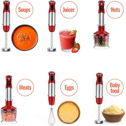  KOIOS 800W 4-in-1 Multifunctional Hand Immersion Blender, 12 Speed, 304 Stainless Steel Stick Blender, Titanium Plated, 600ml Mixing Beaker, 500ml Food Processor, Whisk Attachment,