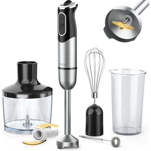  KOIOS 800W Immersion Hand Blender, Multifunctional 5-in-1 Low Noise Stick Mixer, 9-Speed, Stainless Steel, Titanium Plated Blade, includes 600ml Mixing Beaker, 800ml Chopper, Whisk