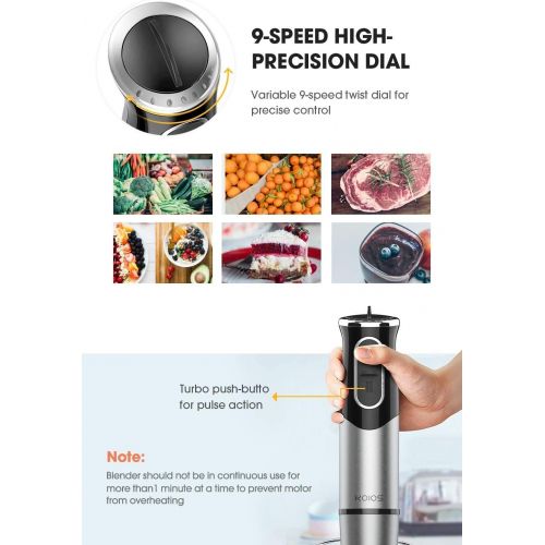  KOIOS 800W Immersion Hand Blender, Multifunctional 5-in-1 Low Noise Stick Mixer, 9-Speed, Stainless Steel, Titanium Plated Blade, includes 600ml Mixing Beaker, 800ml Chopper, Whisk