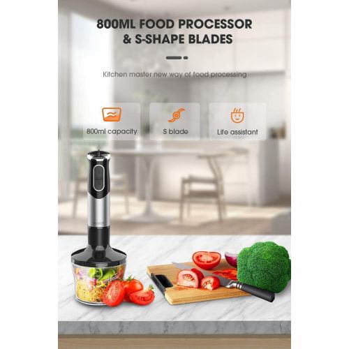  [아마존베스트]KOIOS 800W Immersion Hand Blender, Multifunctional 5-in-1 Low Noise Stick Mixer, 9-Speed, Stainless Steel, Titanium Plated, 600ml Mixing Beaker, 800ml Chopper, Egg Whisk and Milk F