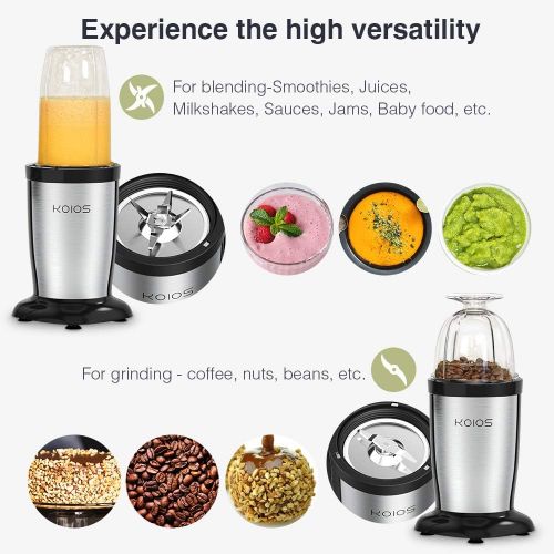  KOIOS 850W Smoothie Bullet Blender for Shakes and Smoothies, 11 Pieces Personal Blenders for Kitchen Ice, Small Cup Grinder with 17 oz (2) and 10 oz To-Go Cups and Spout Lids, BPA