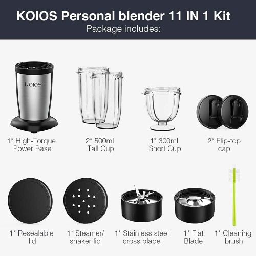  KOIOS 850W Smoothie Bullet Blender for Shakes and Smoothies, 11 Pieces Personal Blenders for Kitchen Ice, Small Cup Grinder with 17 oz (2) and 10 oz To-Go Cups and Spout Lids, BPA