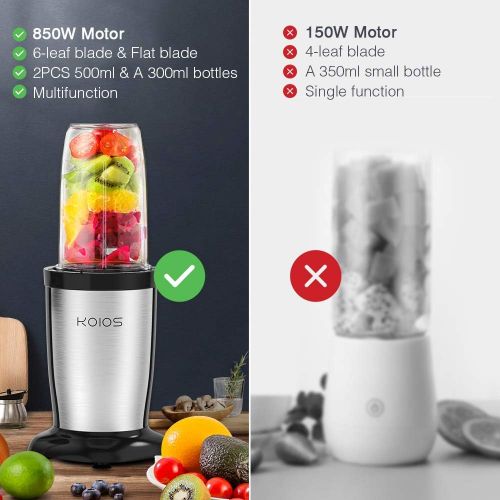  KOIOS 850W Smoothie Bullet Blender for Shakes and Smoothies, 11 Pieces Personal Blenders for Kitchen Ice, Small Cup Grinder with 17 oz (2) and 10 oz To-Go Cups and Spout Lids, BPA