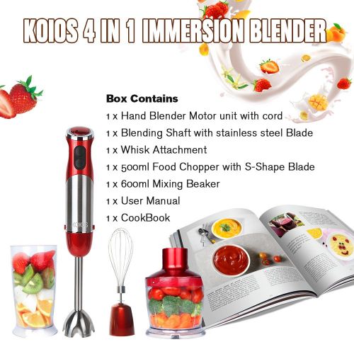 KOIOS Powerful 500 Watt Immersion Blender Setting 6-Speed Multi-Purpose 4-in-1 Hand Blender Includes Stick Blender, 500ml Food Processor, 600ml Mixing Beaker and Whisk - BPA-Free