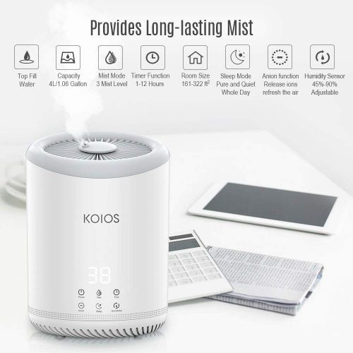  KOIOS Upgrade Top Fill Humidifiers, Ultrasonic Cool Mist Humidifier with 3 Adjustable Mist Settings, Ultra Quiet, Automatic Shut-Off, Sleep Mode, 4 Liter Large Capacity Open Water