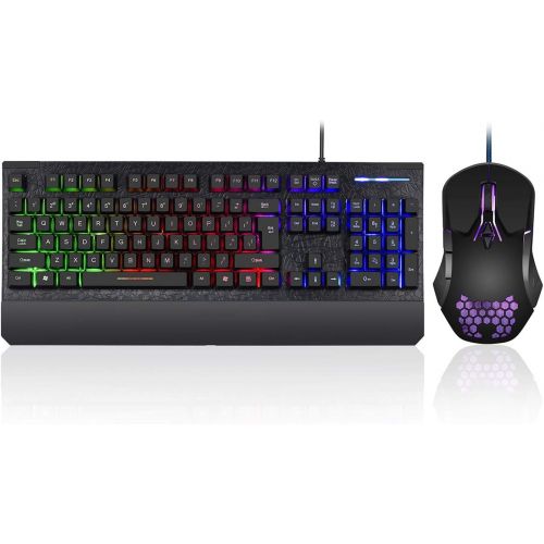  KOLMAX HUNTER Gaming Keyboard and Mouse Combo Colorful Lights Rainbow LED Backlit Keyboard with Ergonomic Detachable Wrist Rest, Programmable 3200 DPI 7 Button Gaming Mouse for Windows PC Mac Ga