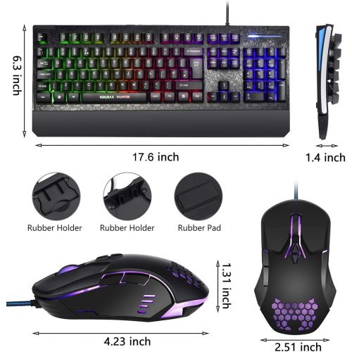  KOLMAX HUNTER Gaming Keyboard and Mouse Combo Colorful Lights Rainbow LED Backlit Keyboard with Ergonomic Detachable Wrist Rest, Programmable 3200 DPI 7 Button Gaming Mouse for Windows PC Mac Ga