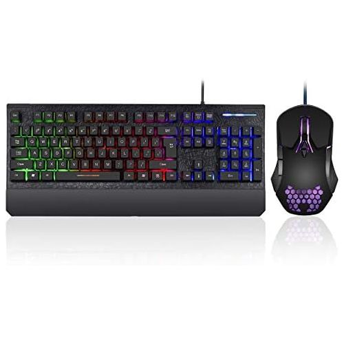  KOLMAX HUNTER Gaming Keyboard and Mouse Combo Colorful Lights Rainbow LED Backlit Keyboard with Ergonomic Detachable Wrist Rest, Programmable 3200 DPI 7 Button Gaming Mouse for Windows PC Mac Ga