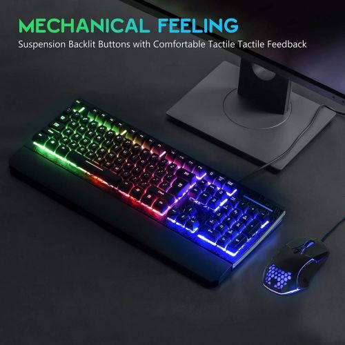  KOLMAX HUNTER Gaming Keyboard and Mouse Combo Colorful Lights Rainbow LED Backlit Keyboard with Ergonomic Detachable Wrist Rest, Programmable 3200 DPI 7 Button Gaming Mouse for Windows PC Mac Ga