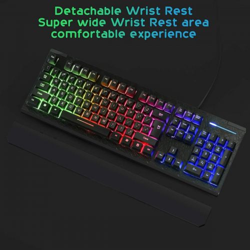  KOLMAX HUNTER Gaming Keyboard and Mouse Combo Colorful Lights Rainbow LED Backlit Keyboard with Ergonomic Detachable Wrist Rest, Programmable 3200 DPI 7 Button Gaming Mouse for Windows PC Mac Ga