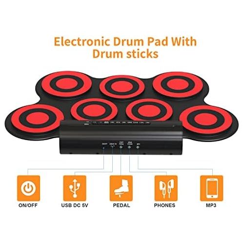  [아마존베스트]Electronic Drum Set - KONIX Bluetooth Electric Midi Drum Set Kit for Kids Beginner Portable Roll Up Drum Practice Pads - Musical Instruments With Built-In Speaker,Drum Pedals Drum