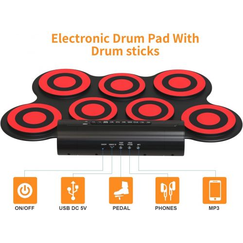  [아마존베스트]Electronic Drum Set - KONIX Bluetooth Electric Midi Drum Set Kit for Kids Beginner Portable Roll Up Drum Practice Pads - Musical Instruments With Built-In Speaker,Drum Pedals Drum