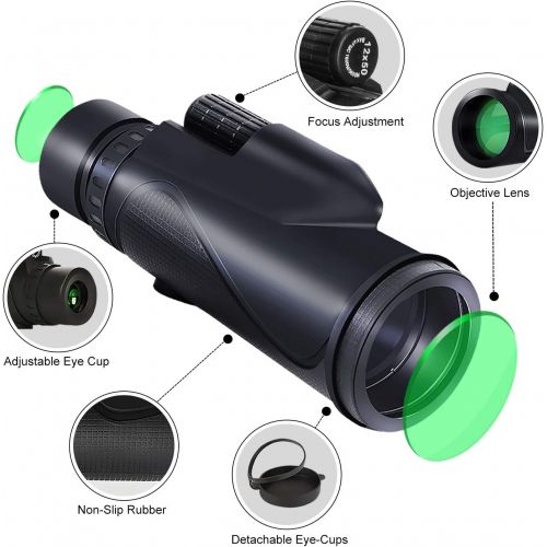  [아마존베스트]KONPCOIU Monocular Telescope,12X50 High Power&HD Monocular with Universal Smartphone Holder and Wireless Remote Control-Waterproof Scope, BAK4 Prism for Bird Watching, Hunting, Surveillance