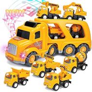 KOODER Construction Truck Toys Vehicles Set,Transport Truck Carrier Toy with Excavator Mixer Crane Dump, Real Siren Brake Sounds & Lights, Removable Engineering Vehicle Parts,5 in