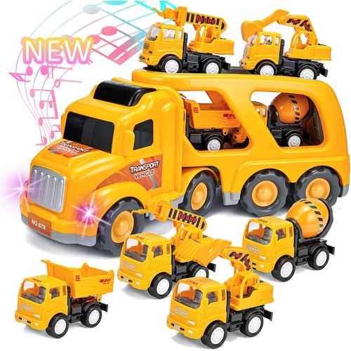  KOODER Construction Truck Toys Vehicles Set,Transport Truck Carrier Toy with Excavator Mixer Crane Dump, Real Siren Brake Sounds & Lights, Removable Engineering Vehicle Parts,5 in