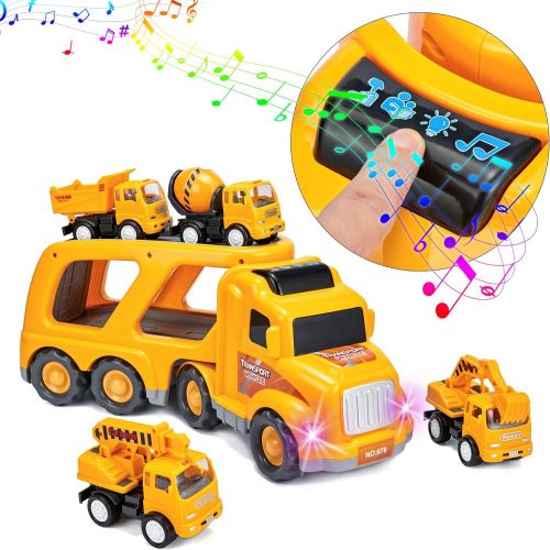  KOODER Construction Truck Toys Vehicles Set,Transport Truck Carrier Toy with Excavator Mixer Crane Dump, Real Siren Brake Sounds & Lights, Removable Engineering Vehicle Parts,5 in