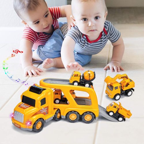  KOODER Construction Truck Toys Vehicles Set,Transport Truck Carrier Toy with Excavator Mixer Crane Dump, Real Siren Brake Sounds & Lights, Removable Engineering Vehicle Parts,5 in