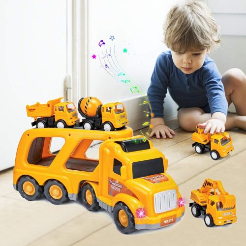  KOODER Construction Truck Toys Vehicles Set,Transport Truck Carrier Toy with Excavator Mixer Crane Dump, Real Siren Brake Sounds & Lights, Removable Engineering Vehicle Parts,5 in