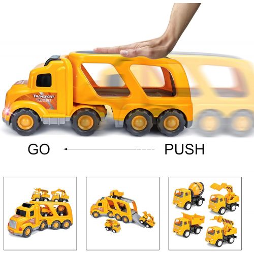  KOODER Construction Truck Toys Vehicles Set,Transport Truck Carrier Toy with Excavator Mixer Crane Dump, Real Siren Brake Sounds & Lights, Removable Engineering Vehicle Parts,5 in