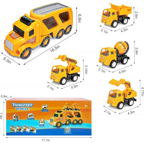  KOODER Construction Truck Toys Vehicles Set,Transport Truck Carrier Toy with Excavator Mixer Crane Dump, Real Siren Brake Sounds & Lights, Removable Engineering Vehicle Parts,5 in