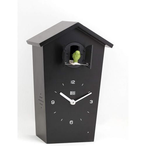  KOOKOO Birdhouse Black, Modern Cuckoo Clock w. 12 Natural Bird Voices or Cuckoo Call, Design Clock w. Pendulum, Natural Field Recordings by Jean-Claude Roche