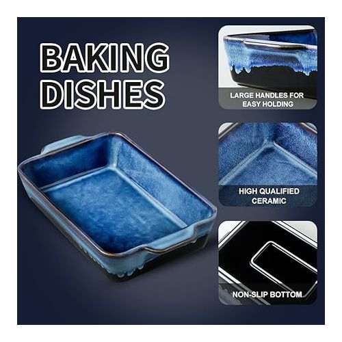  KOOV Bakeware Set, Ceramic Baking Dish Set, Rectangular Casserole Dish Set, lasagna Pan, Baking Pans Set for Cooking, Cake Dinner, Kitchen, 9 x 13 Inches, Reactive Glaze 3-Piece (Nebula Blue)