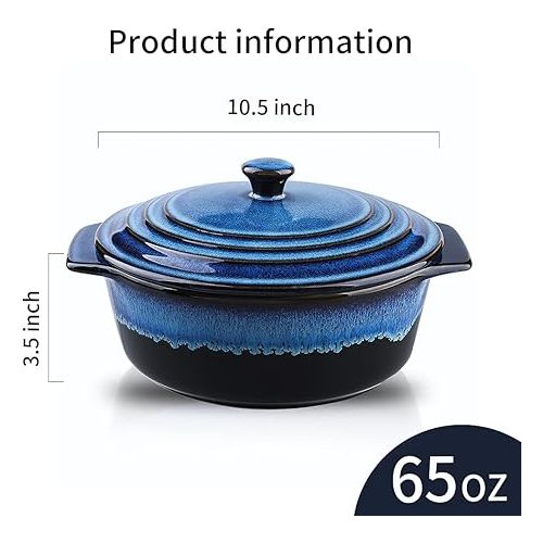  KOOV Ceramic Casserole Dish with Lid Oven Safe, 2 Quart Casserole Dish, Covered Round Casserole Dish Set, 9 inch Baking dish With Lid for Dinner, Deep Casserole Cookware Set, Reactive Glaze