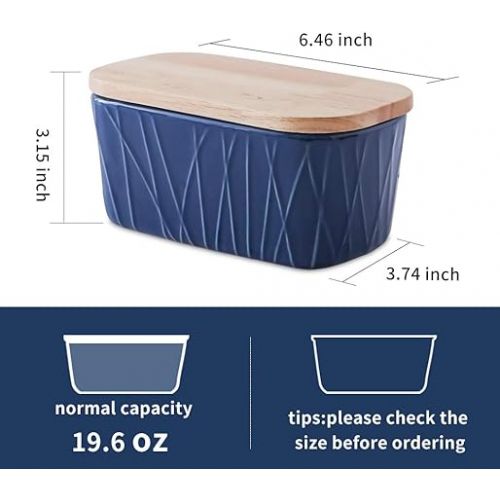  KOOV Porcelain Large Butter Dish with Lid for Countertop, Airtight Butter Container with Oak Lid, Butter Crock, Perfect for 2 Sticks of Butter, Irregular Striped Series (Aegean)