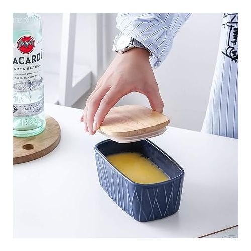  KOOV Porcelain Large Butter Dish with Lid for Countertop, Airtight Butter Container with Oak Lid, Butter Crock, Perfect for 2 Sticks of Butter, Irregular Striped Series (Aegean)